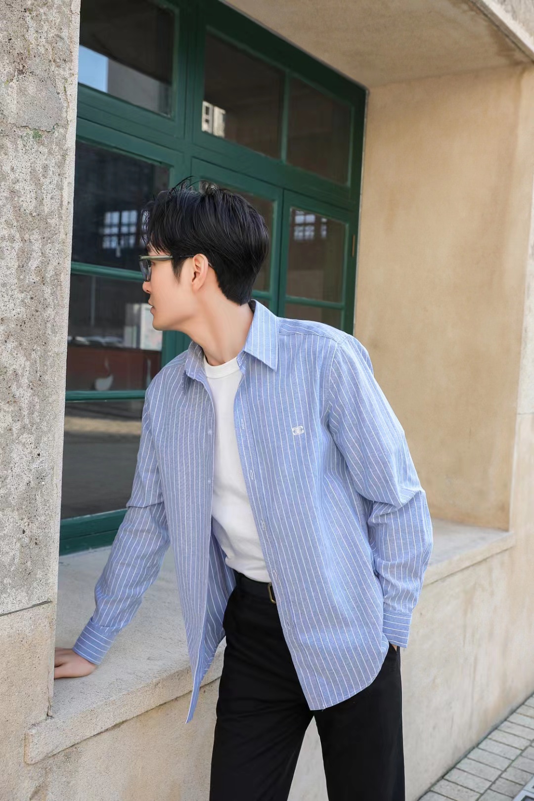 C3 Small Embroidered Vertical Stripe Long Sleeve Shirt