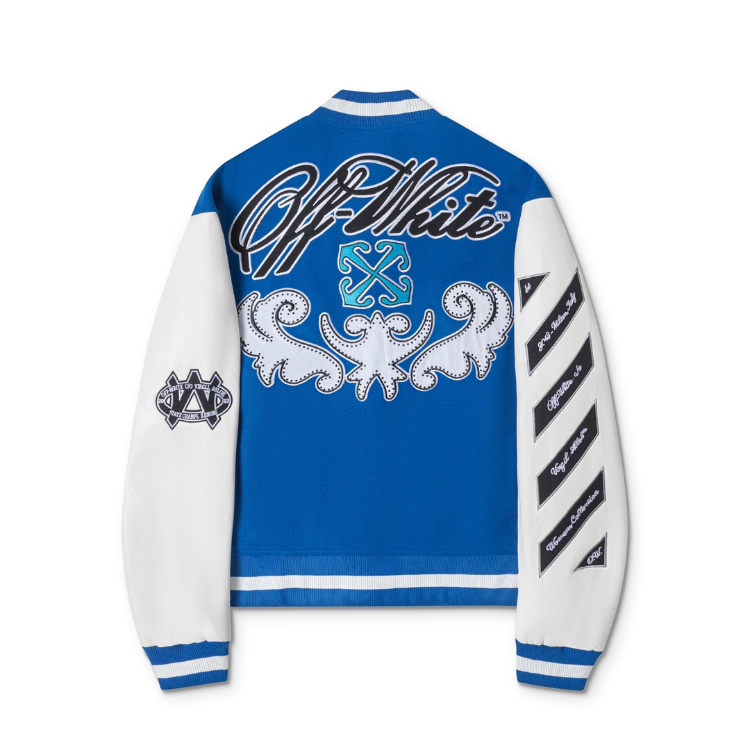 Off-White 2024 Fall/Winter new heavy embroidery rhinestone patchwork leather varsity jacket in blue, unisex