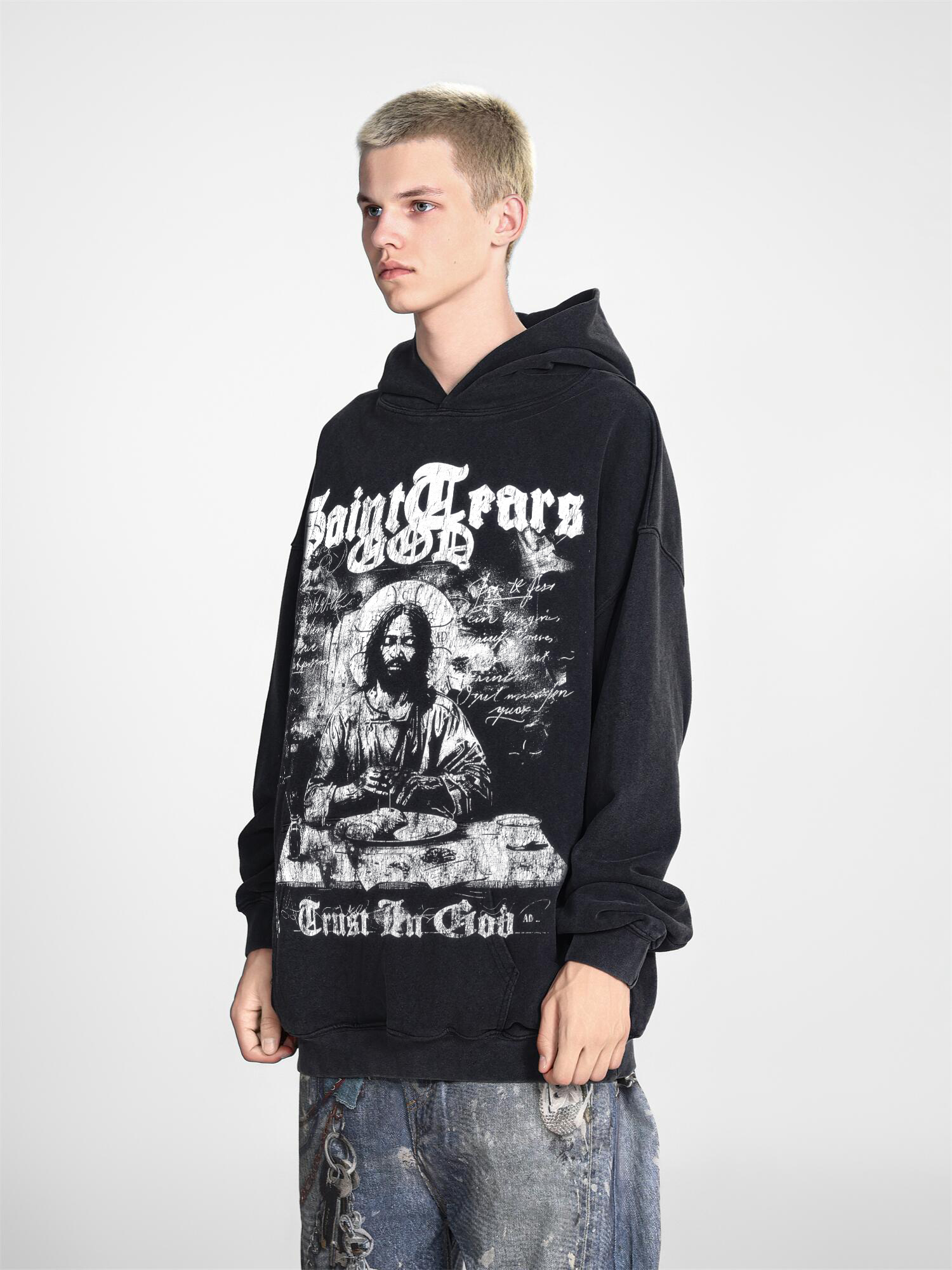 Saint Mich@el tears washed distressed salt-treated 400g heavy-weight vintage terry hoodie