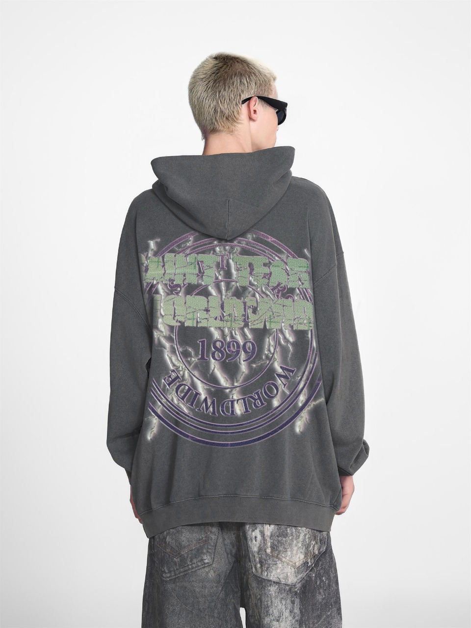 Saint Mich@el tears washed distressed salt-treated 400g heavy-weight vintage terry cloth hoodie in gray