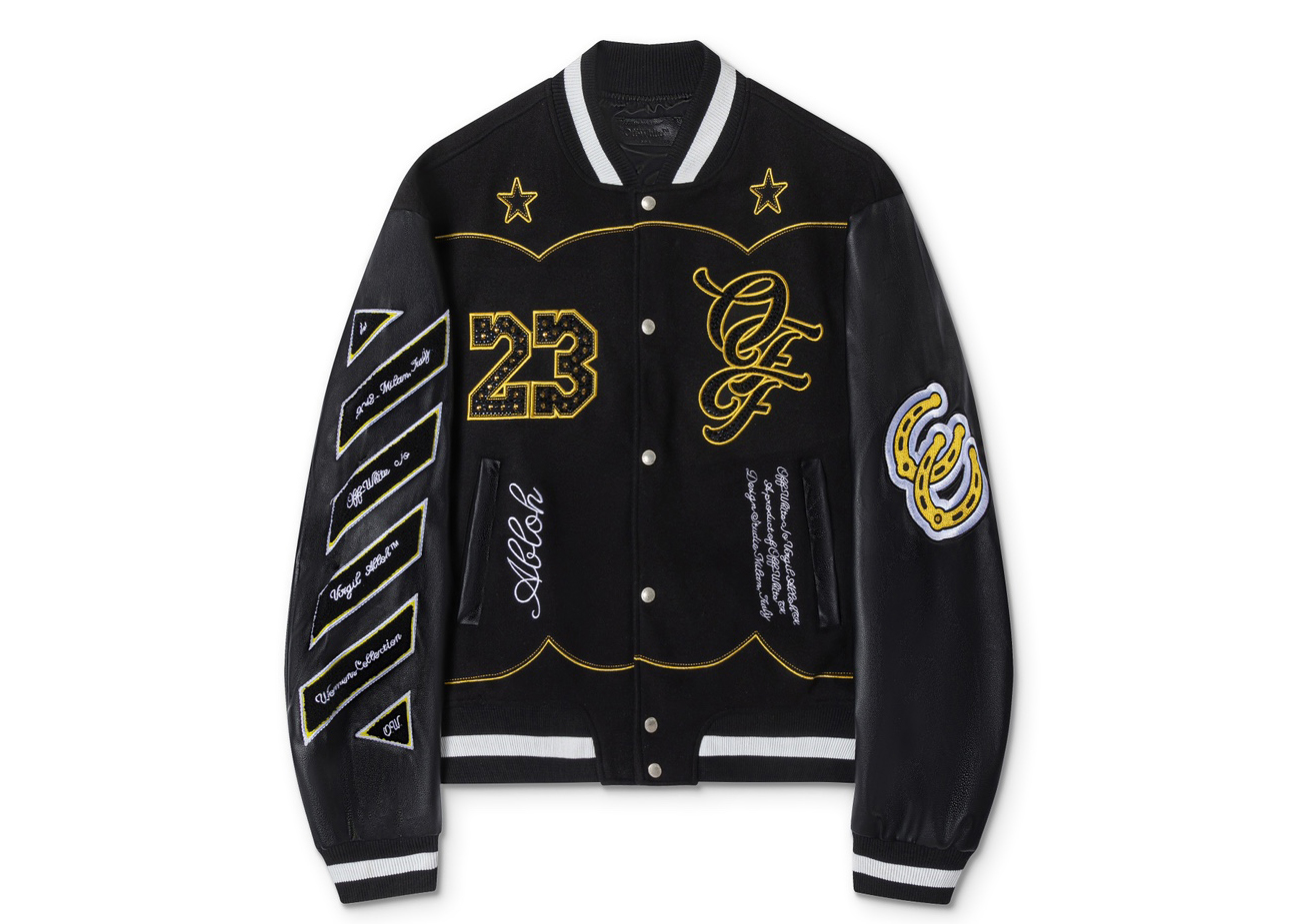 Off-White 2024 Fall/Winter new heavy embroidery rhinestone patchwork leather varsity jacket in black, unisex