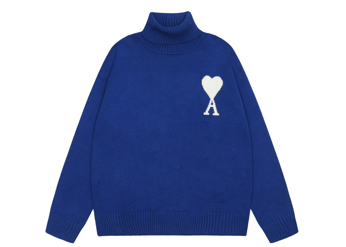 Am1 2024SS classic blue jacquard big heart turtleneck sweater