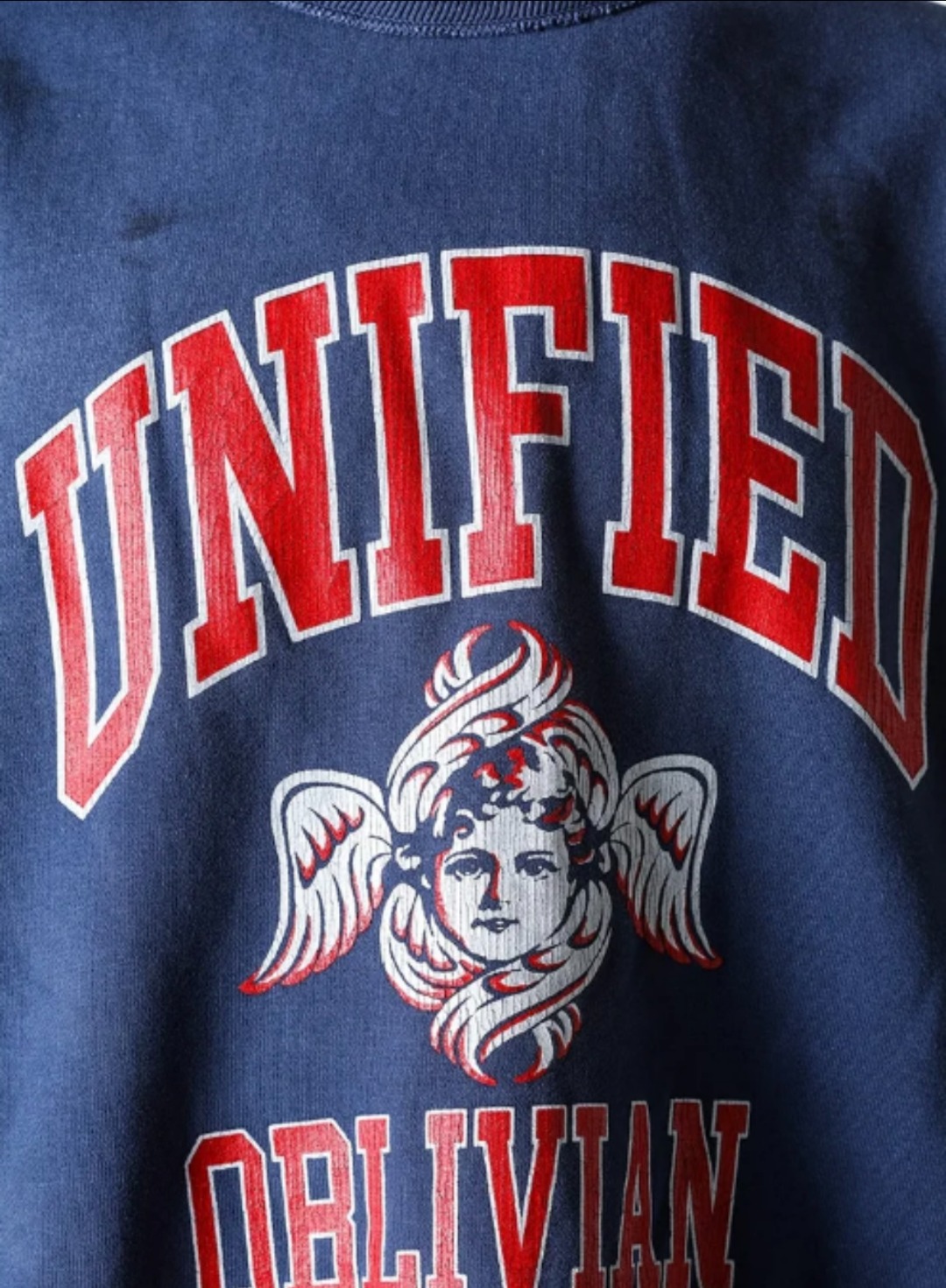 SAINT Mich@el FW24 vintage distressed angel graphic with letter print heavy-duty ribbed crewneck long-sleeve sweatshirt